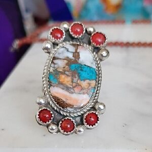Turquoise and Red Stone Silver Ring